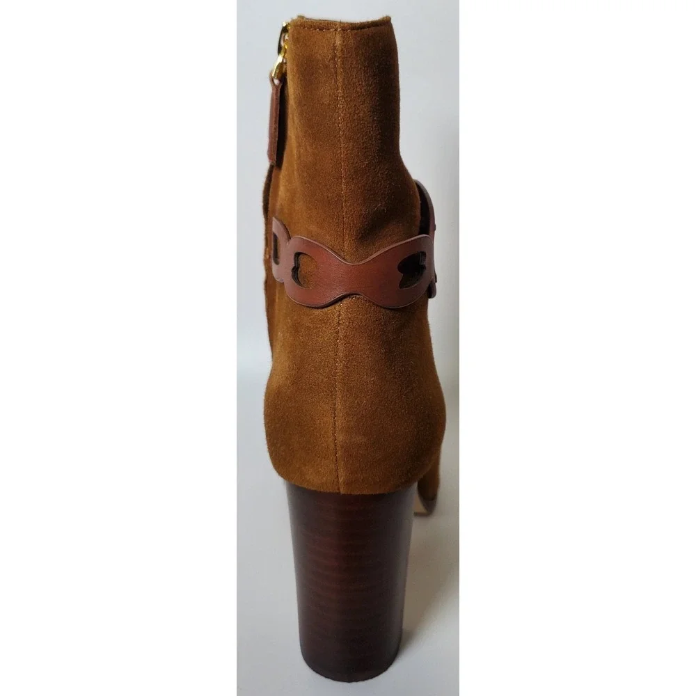 Ralph Lauren Abigael Brown Suede Leather‎ Booties Block Heel Classic Equestrian